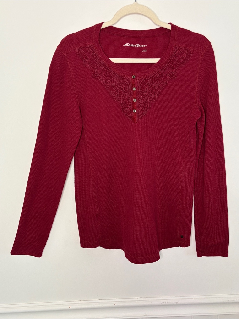 Eddie Bauer Women's Lace Thermal Waffle Knit Shirt Tee Burgundy Large *C34